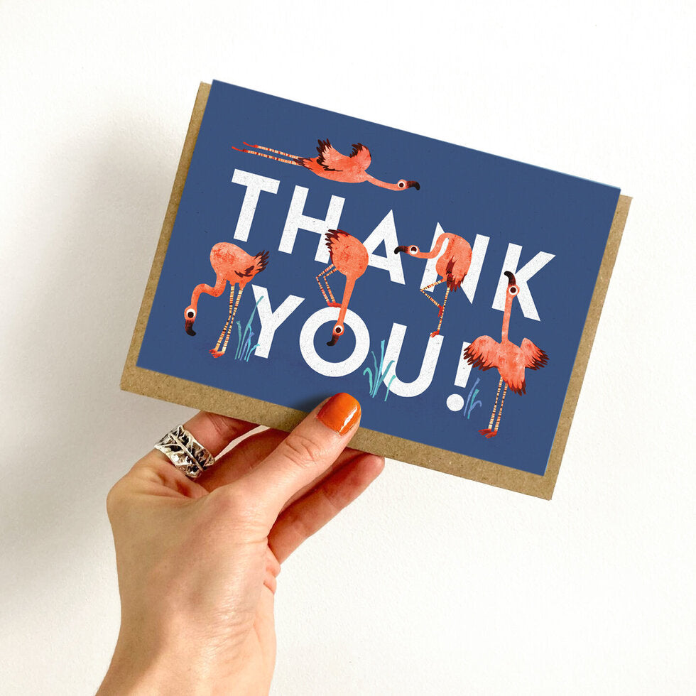 Greeting card with flamingo illustrations and 'THANK YOU!' text by Emily Nash Illustrations.