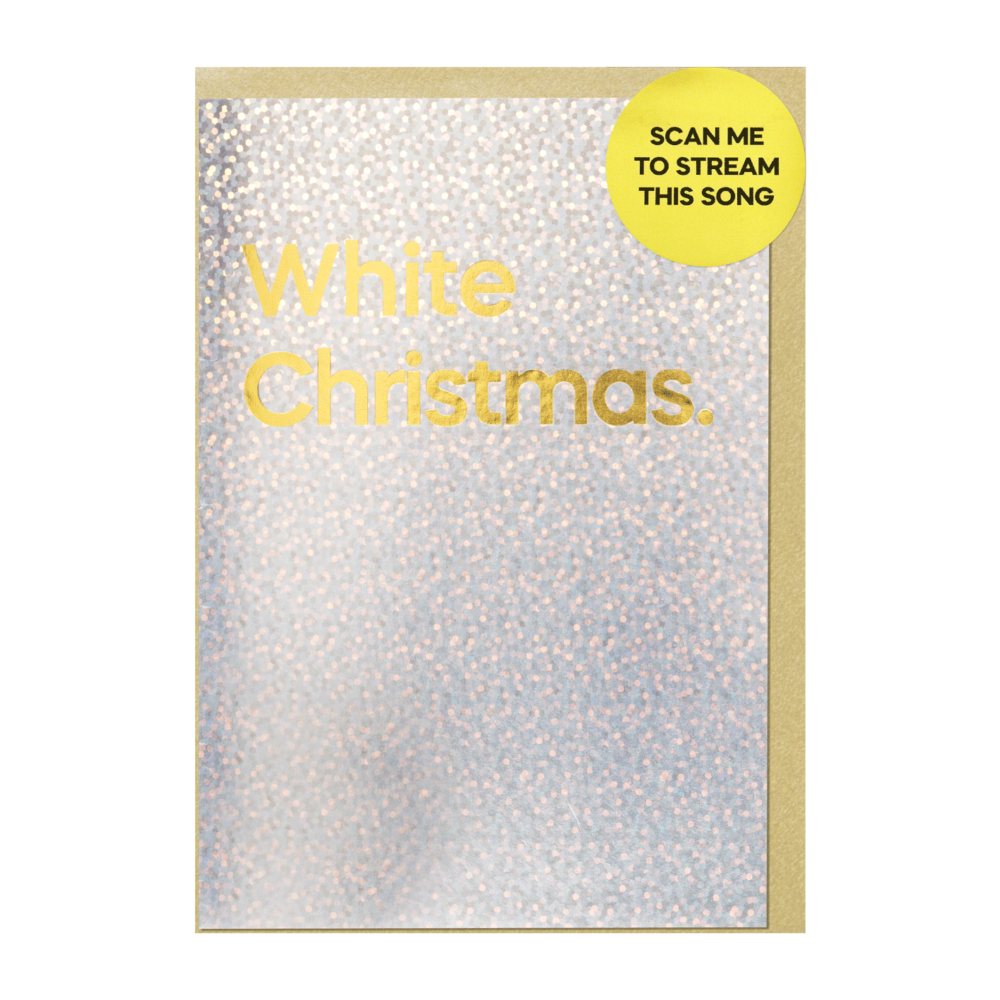 Holographic White Christmas card with a festive design, showing the scan-to-play feature for Bing Crosby's song, accompanied by a recycled envelope. Eco-friendly Christmas card.