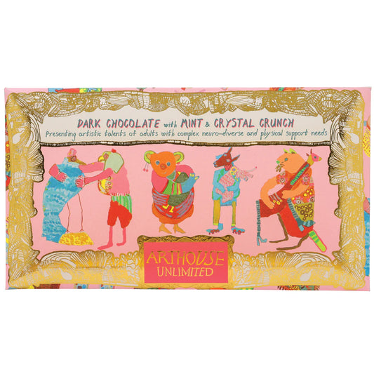 Chocolate bar packaging with colourful illustrations and 'Arthouse Unlimited' branding.