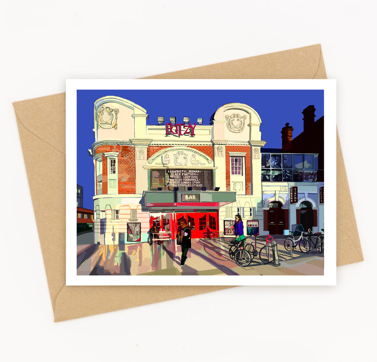 Illustrated greeting card of the Ritzy Cinema in Brixton by Tomartacus