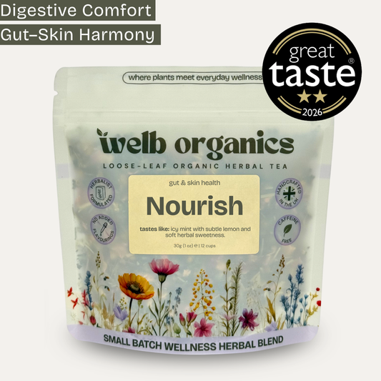 Welb Organics Nourish Loose-Leaf Organic Herbal Tea in a 70g resealable pouch, featuring a light beige label with colorful wildflower illustrations and a black 'great taste 2026' badge on a white background.