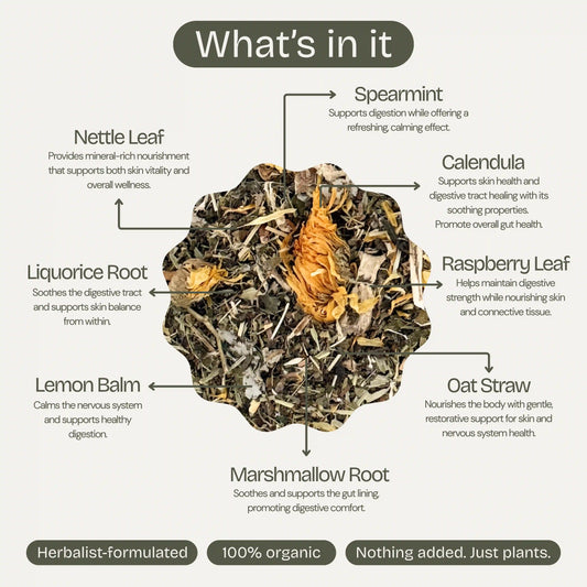 Organic herbal tea blend with mint and lemon notes