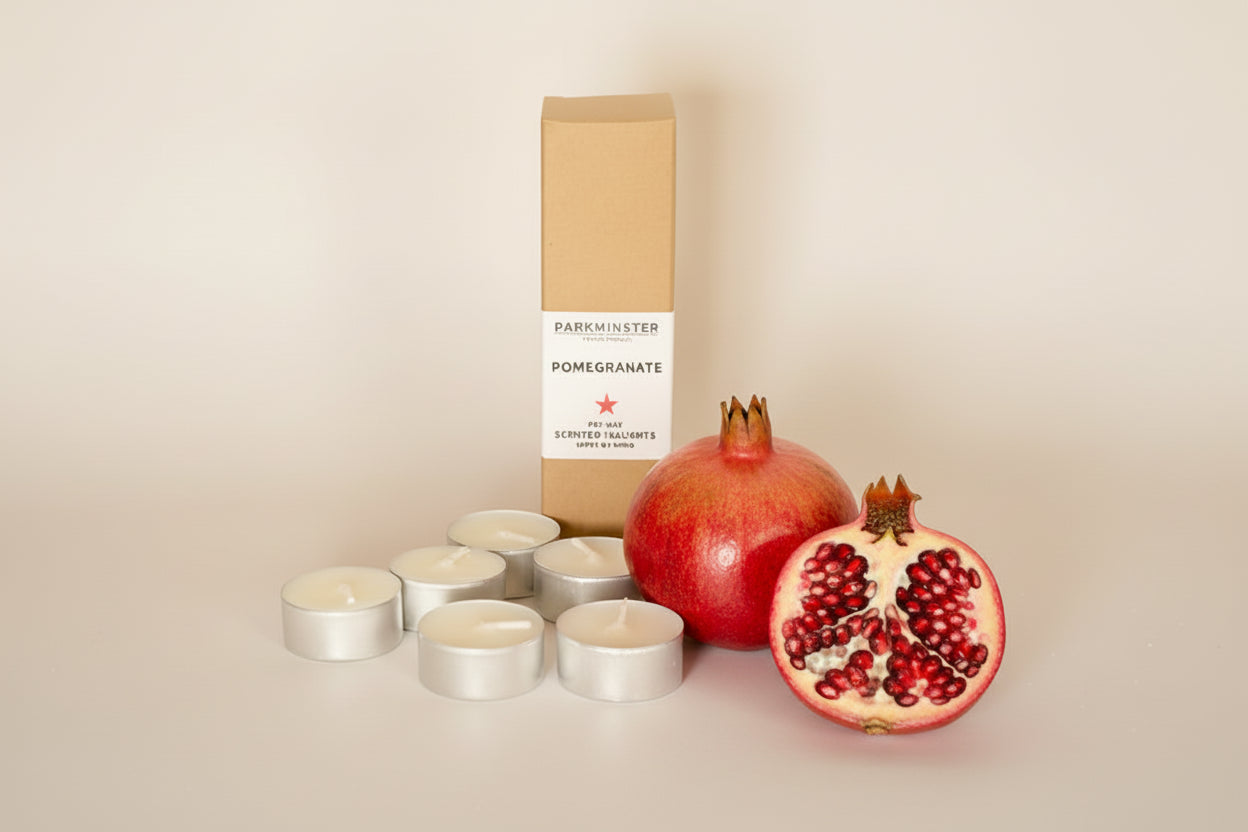 Eight Pomegranate scented soy wax tealight candles in recyclable aluminium cups, handmade by Parkminster in Cornwall. Vegan and plastic-free home fragrance.