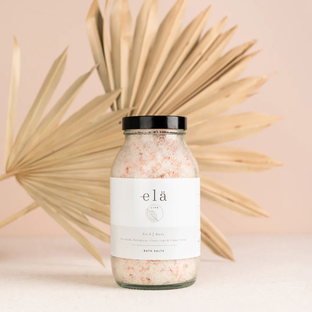 Elä Life Rest No 5 Bath Salts 500ml bottle, ready for a calming, sustainable bath