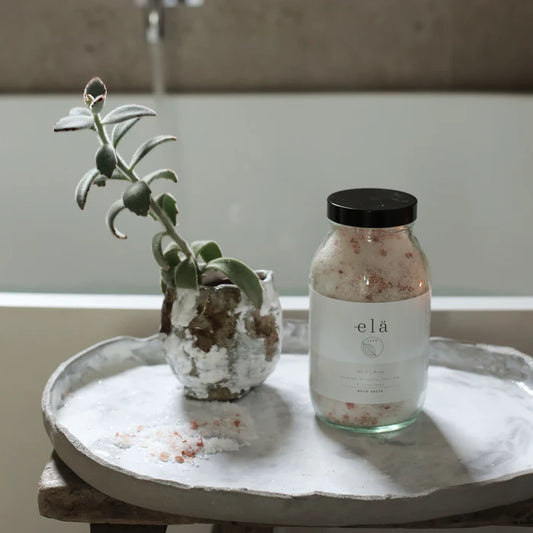 Close-up of Elä Life Rest No 5 Bath Salts, showing pink Himalayan and Epsom salts