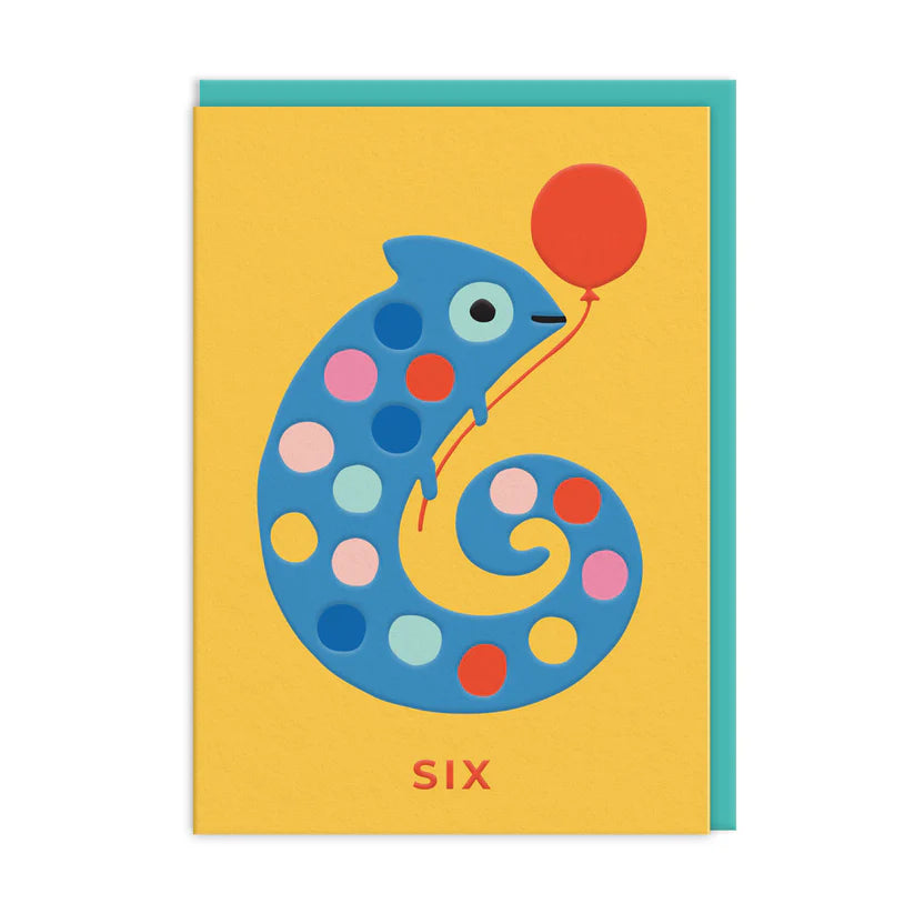 Vibrant chameleon birthday card for 6 year olds by Suzy Ultman