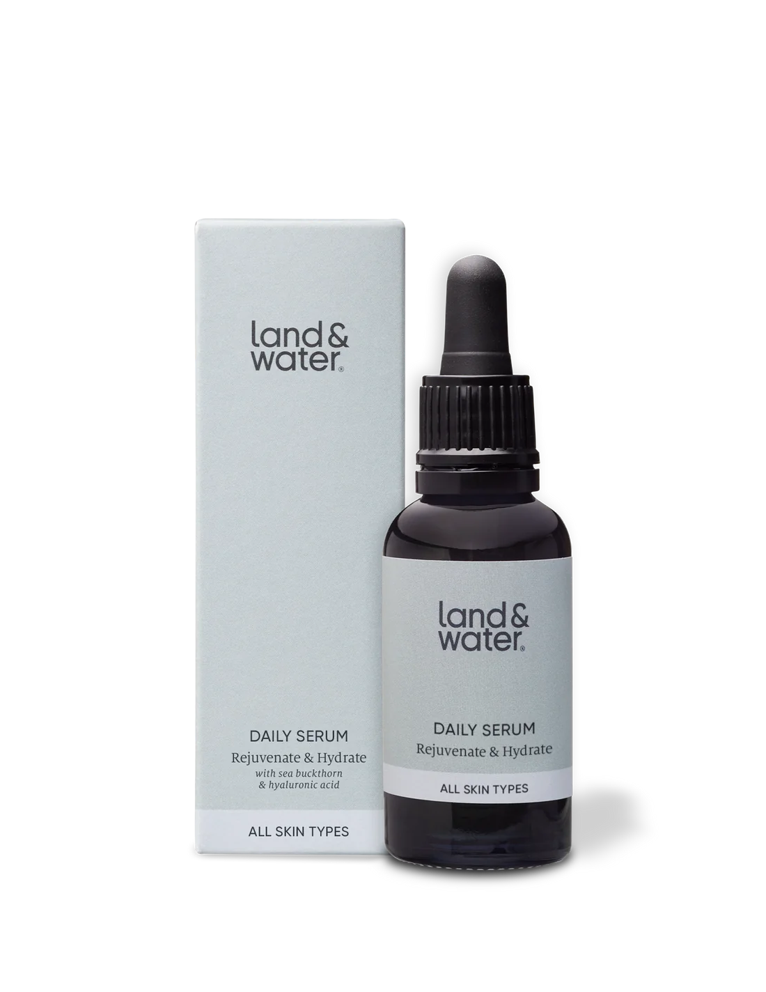 Land & Water Daily Serum. With sea buckthorn and hyaluronic acid. Sustainably made in the UK.