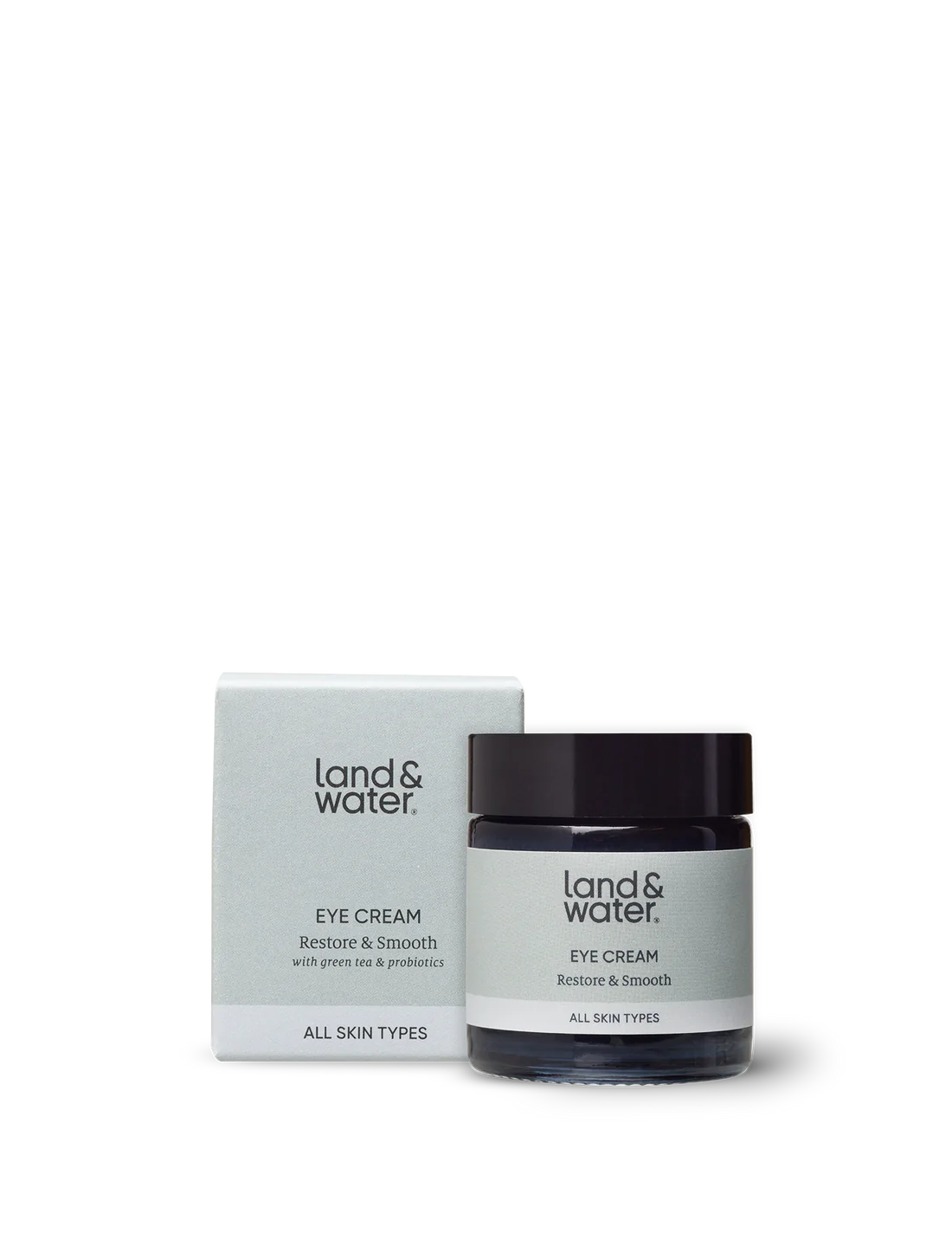 Land & Water Restore and Smooth Eye Cream With green tea & probiotics. Sustainably made in the UK.