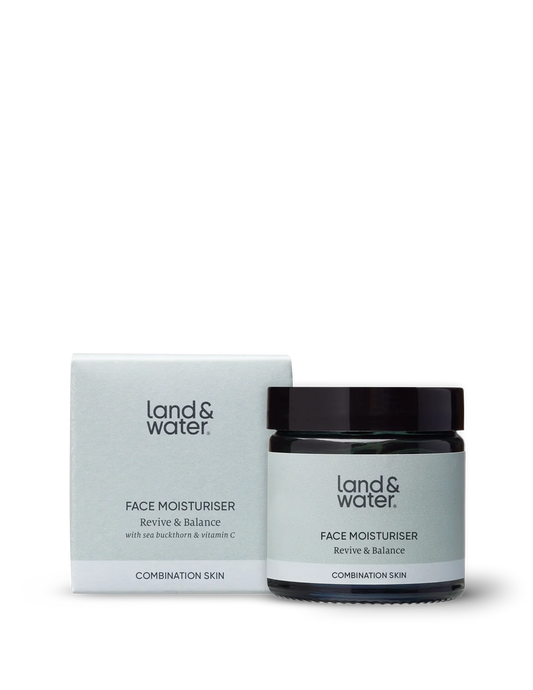 Close-up of Land & Water Revive & Balance Face Moisturiser bottle, highlighting natural ingredients and eco-friendly packaging.
