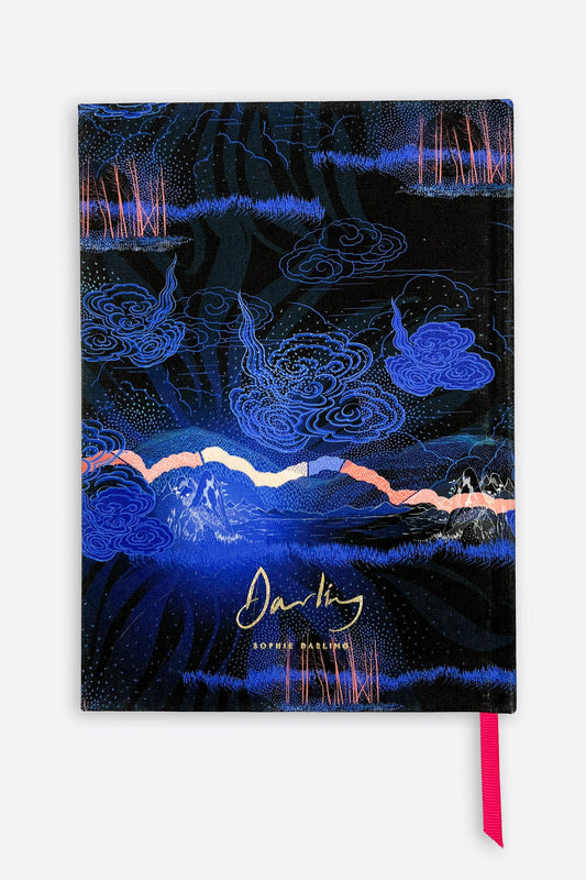 Notebook with a colourful abstract design on the cover by Sophie Darling, designed and printed in the UK.