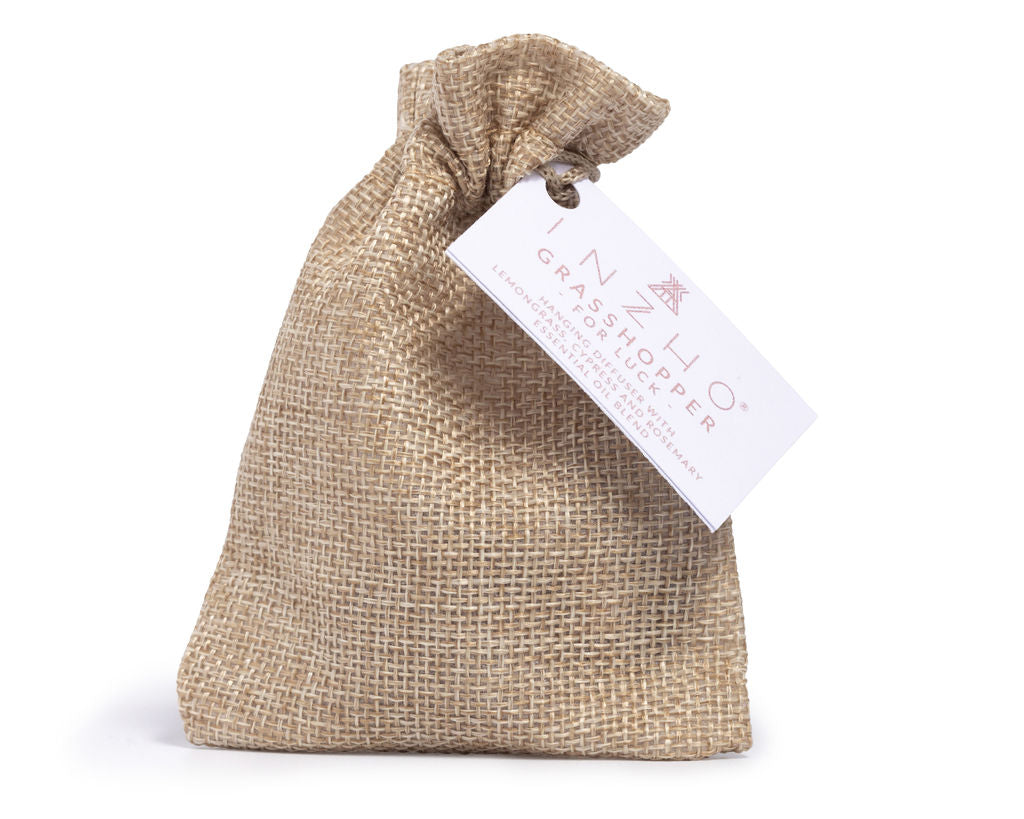 Eco-friendly Inzho hanging diffuser in jute bag, ideal for car or wardrobe