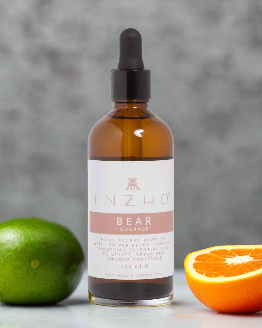 Inzho Bear Courage Uplifting Body Oil 100ml amber glass bottle with pipette