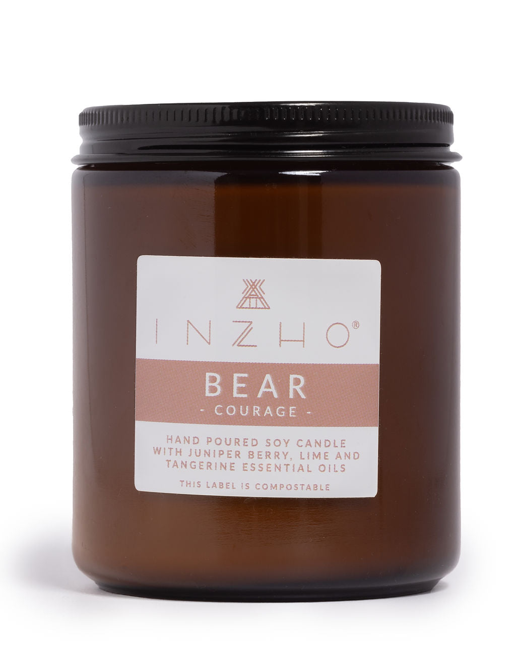 Bear For Courage Soy Candle in amber glass jar with compostable packaging