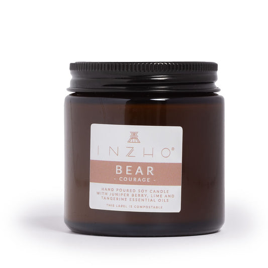 Close-up of Bear Courage Soy Candle in amber glass jar, natural vegan wax