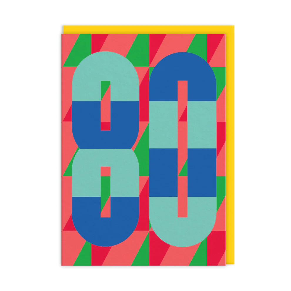 Vibrant 80th Birthday Card by Tim Sanders with neon coral finish and yellow envelope