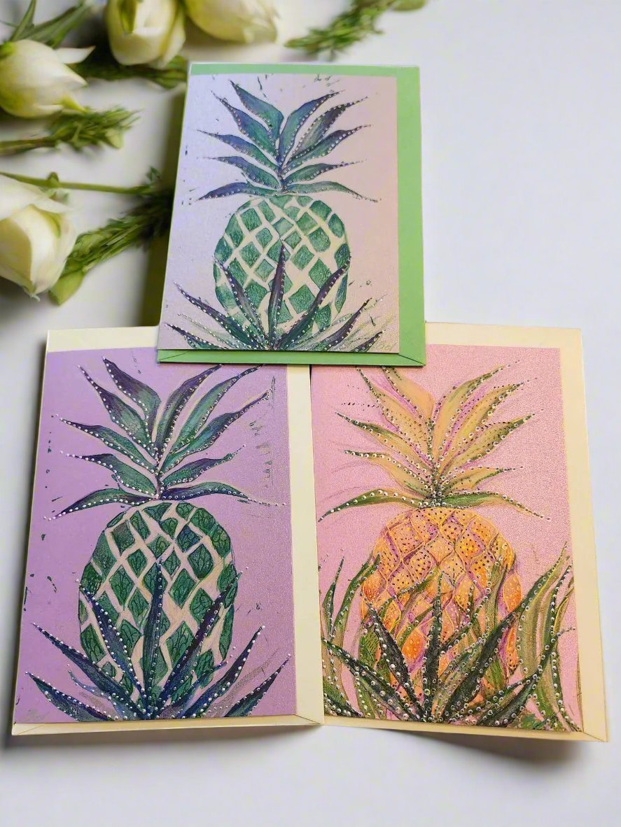 Studio Bel handmade lino cut pineapple greeting card with mixed media detail on eco-friendly paper