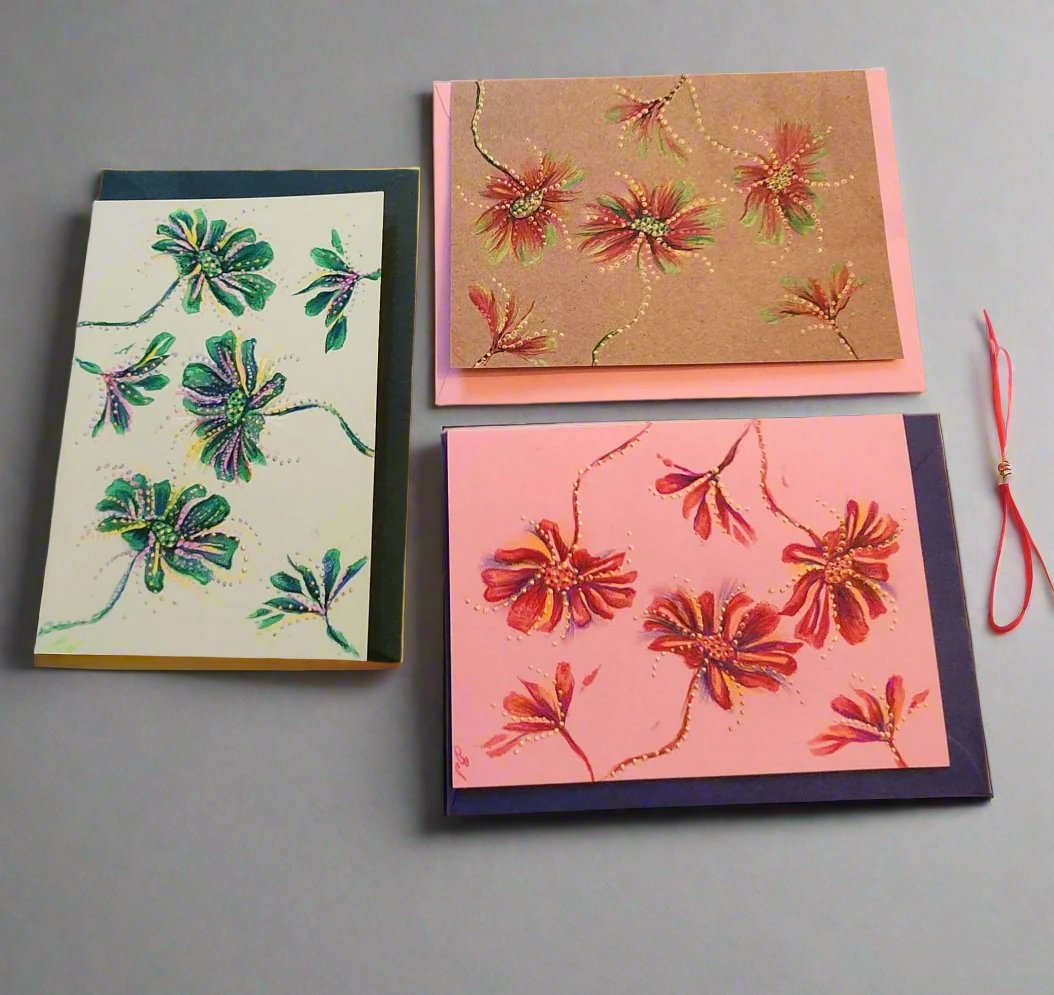 Handmade Studio Bel daisy greeting card with intricate lino cut and mixed media design.