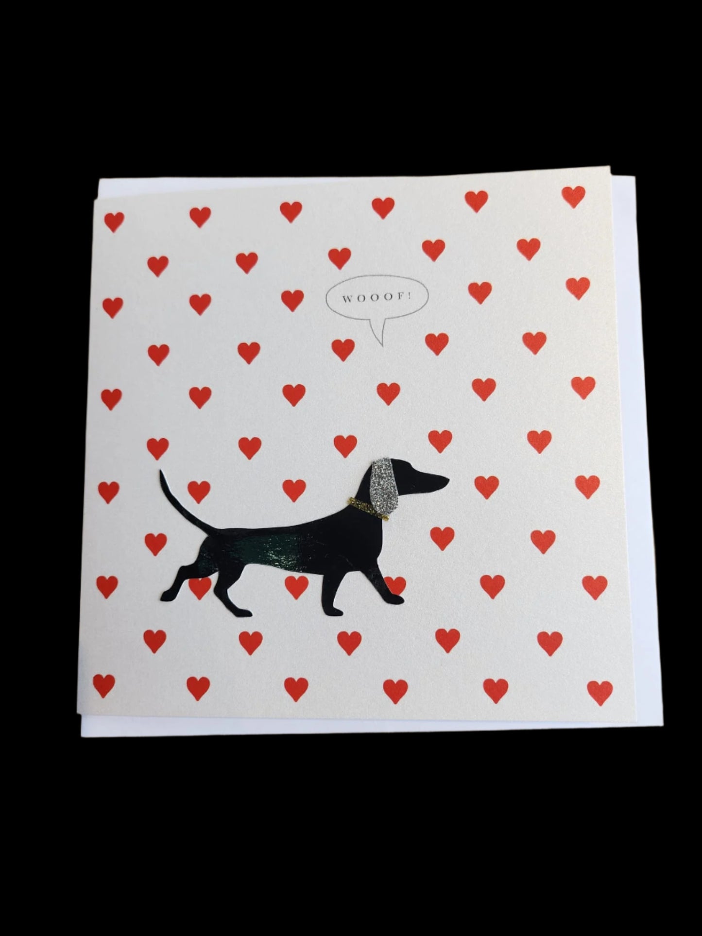 Dachshund Valentine's card with glitter collar and ear, 150x150mm, eco-friendly packaging