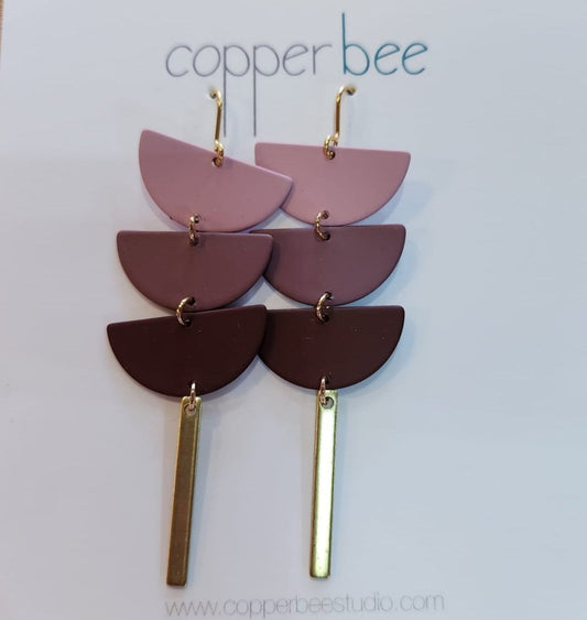 Handmade UK Triple Semi Circle Statement Drop Earrings - Pinks & Burgundy