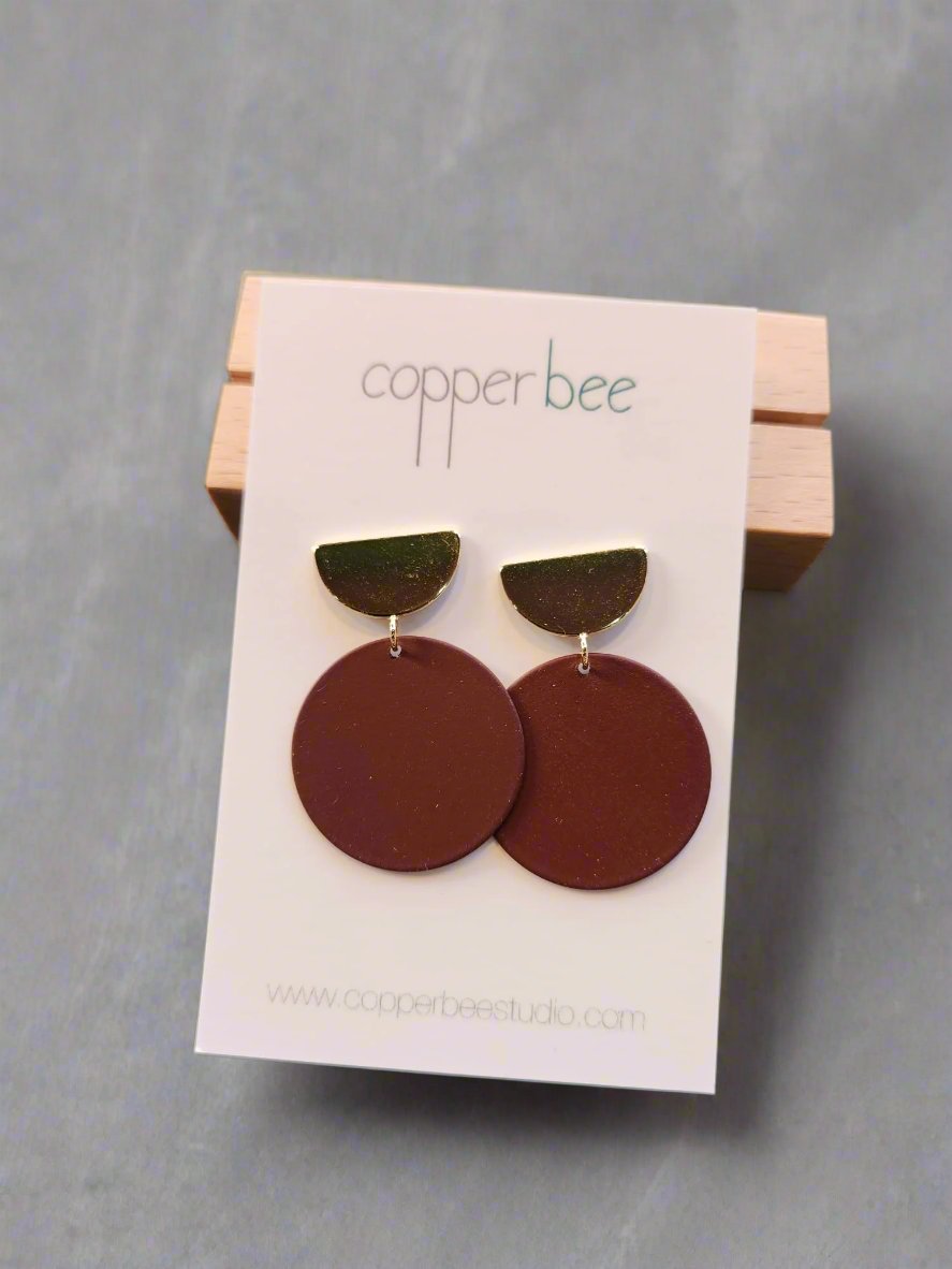 Colour + Brass | Semi Circle Stud and Maroon Disc Earrings