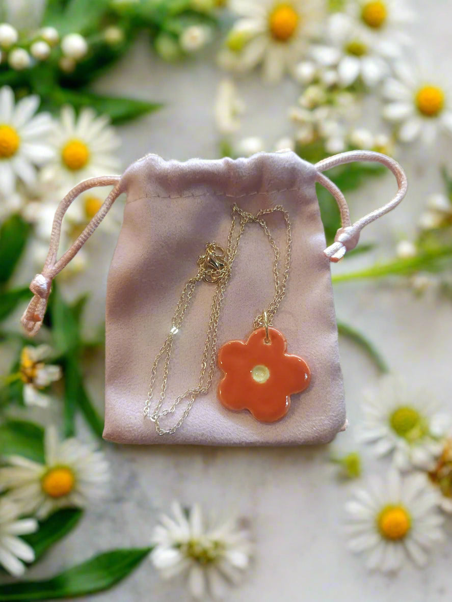 Orange Ceramic Daisy Flower Charm on Gold-Plated Necklace