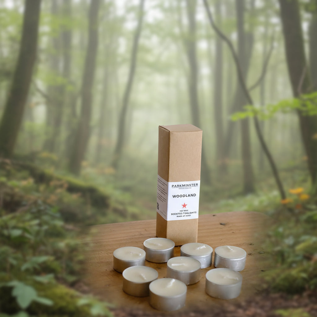 Parkminster Woodland Soy Wax Tealights, 8-pack, earthy smoky fragrance, sustainable, eco-friendly candles, handmade Cornwall UK