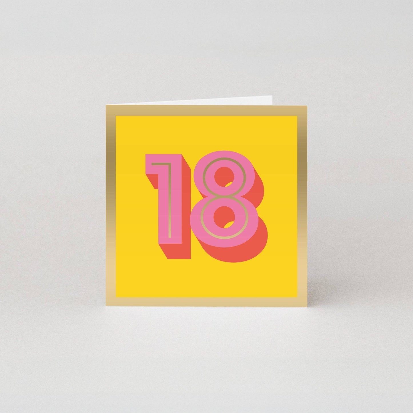 Luxury 18th Birthday Card by Studio Boketto, featuring a pastel pink '18' with gold foil on a yellow background. Sustainably sourced paper.