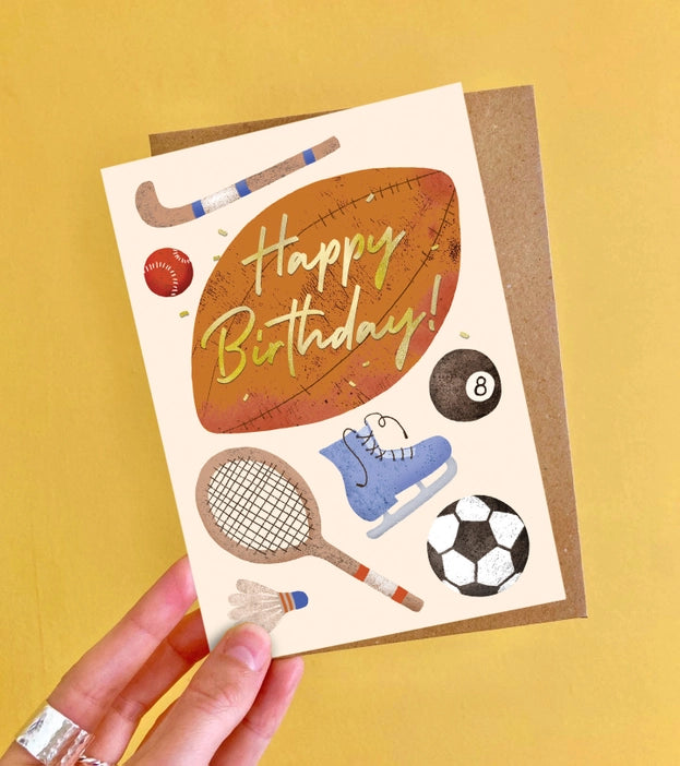 Open Sports Birthday Card showing Blank Inside with Recycled Kraft Envelope