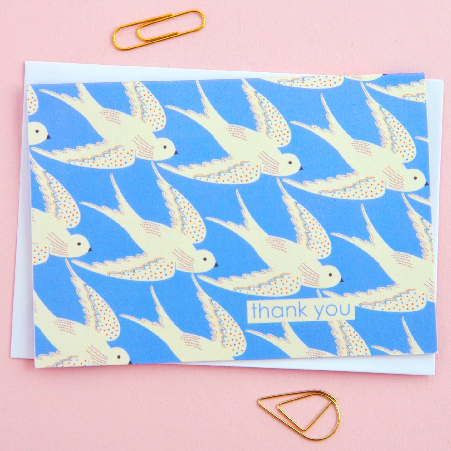 Pack of 8 bird-themed thank you notecards, each with a different illustration, printed on UK-made 350gsm matt card with envelopes included.