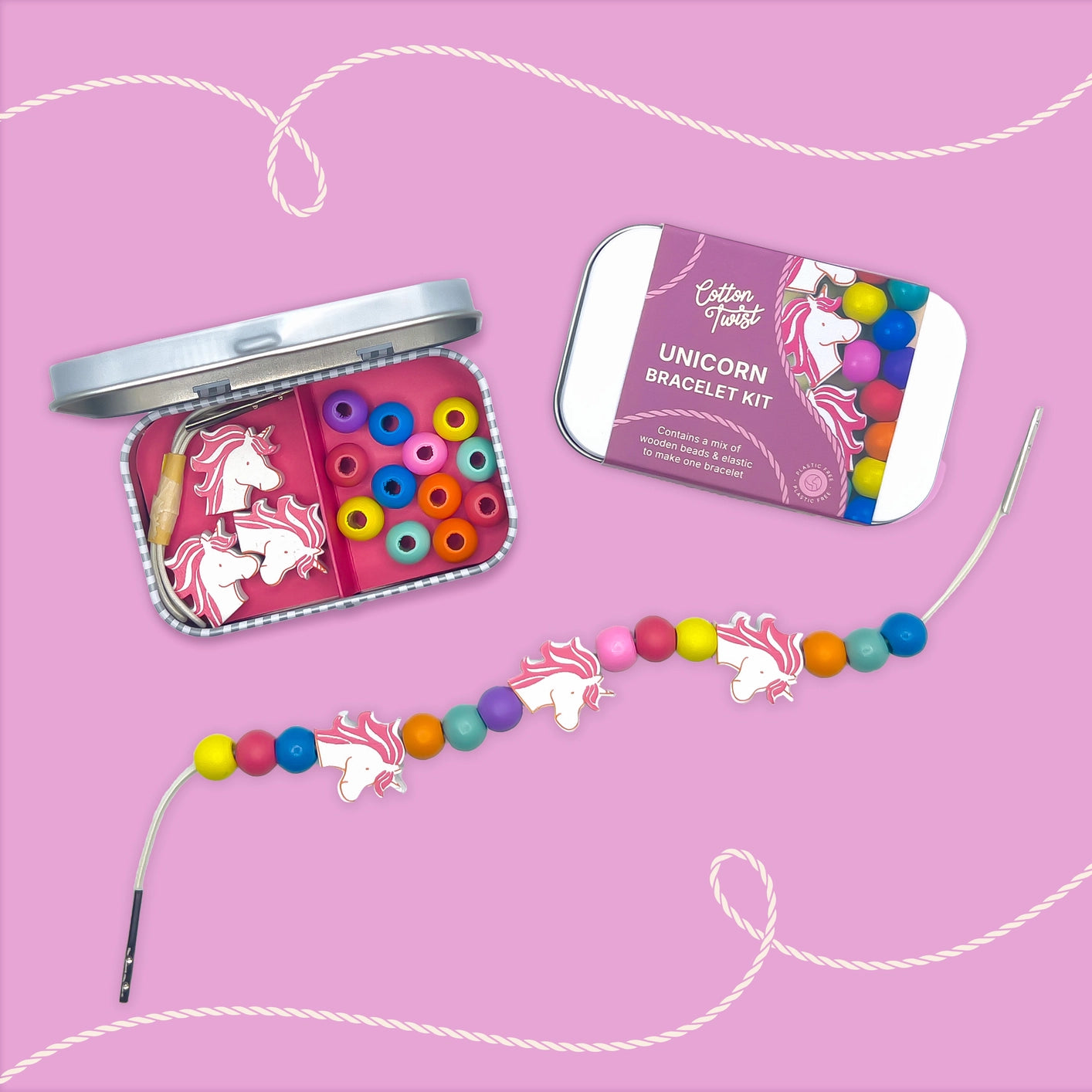 Sustainable unicorn bracelet craft kit for kids, plastic-free and hand-assembled