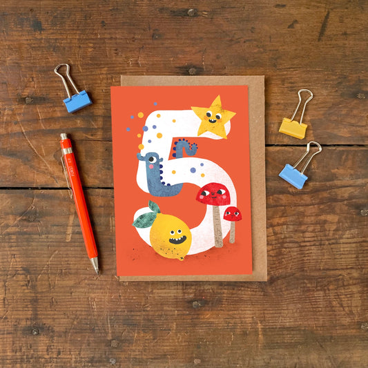 Eco-friendly children's 5th birthday card with colourful animal illustrations
