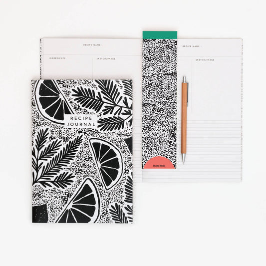 Studio Wald's Recipe Journal features a rosemary and lemon patterned cover design. Pages are designed to layout ingredients and method as well as space to draw pictures, staple photos etc. Also includes a namesake page and handy weights and measurements page at the back.