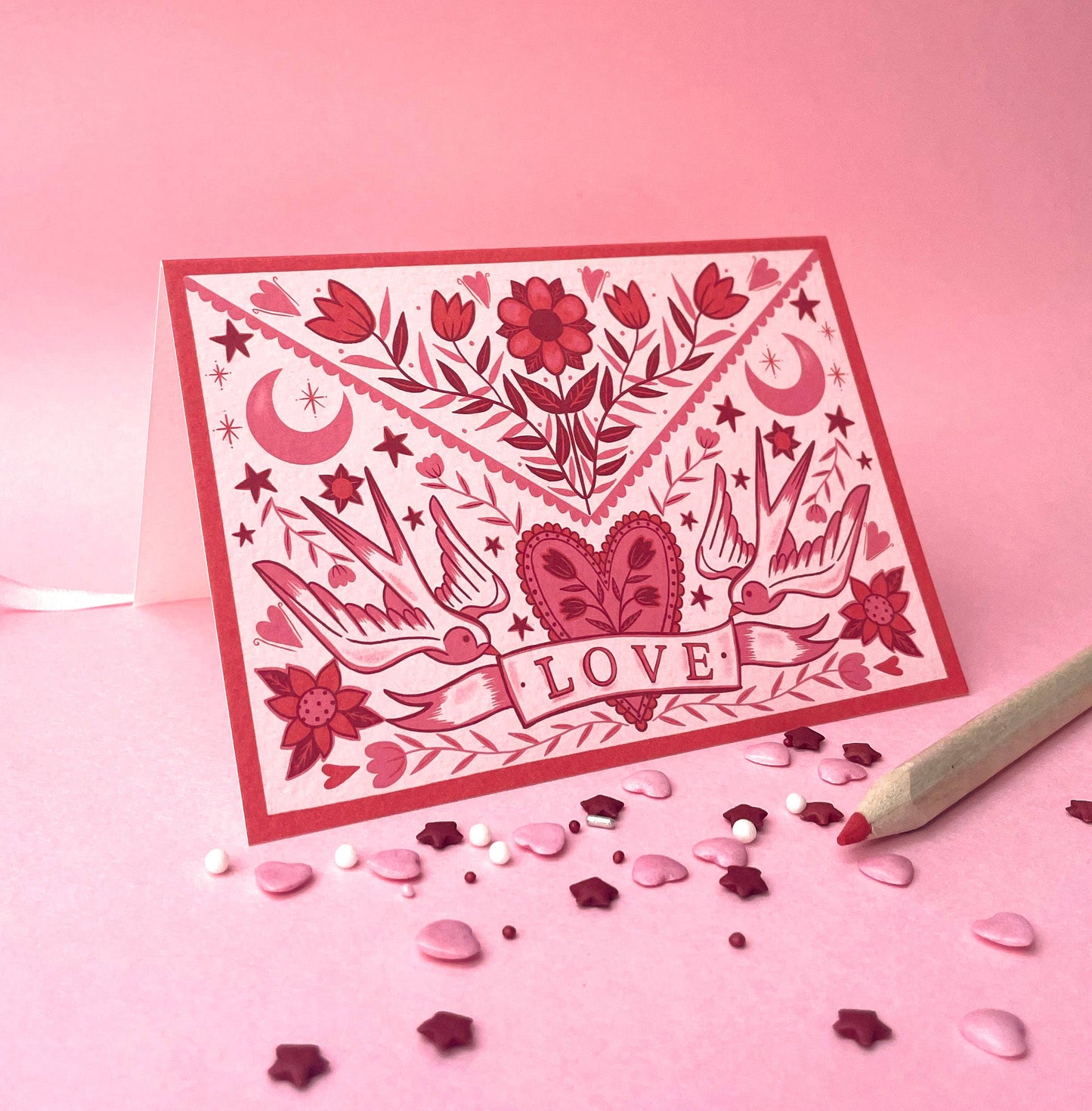 Folk Art Love everyday card in compostable cello sleeve