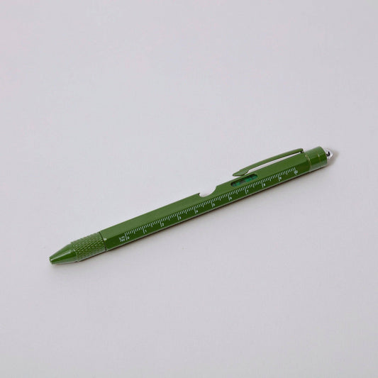 Multi-tool pen showing screwdriver and spirit level features