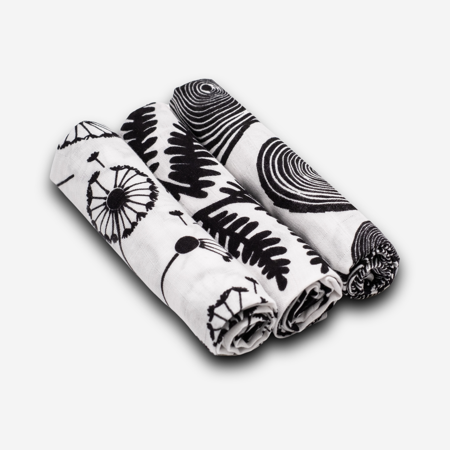 Single GOTS organic cotton sensory muslin with black & white tree ring print