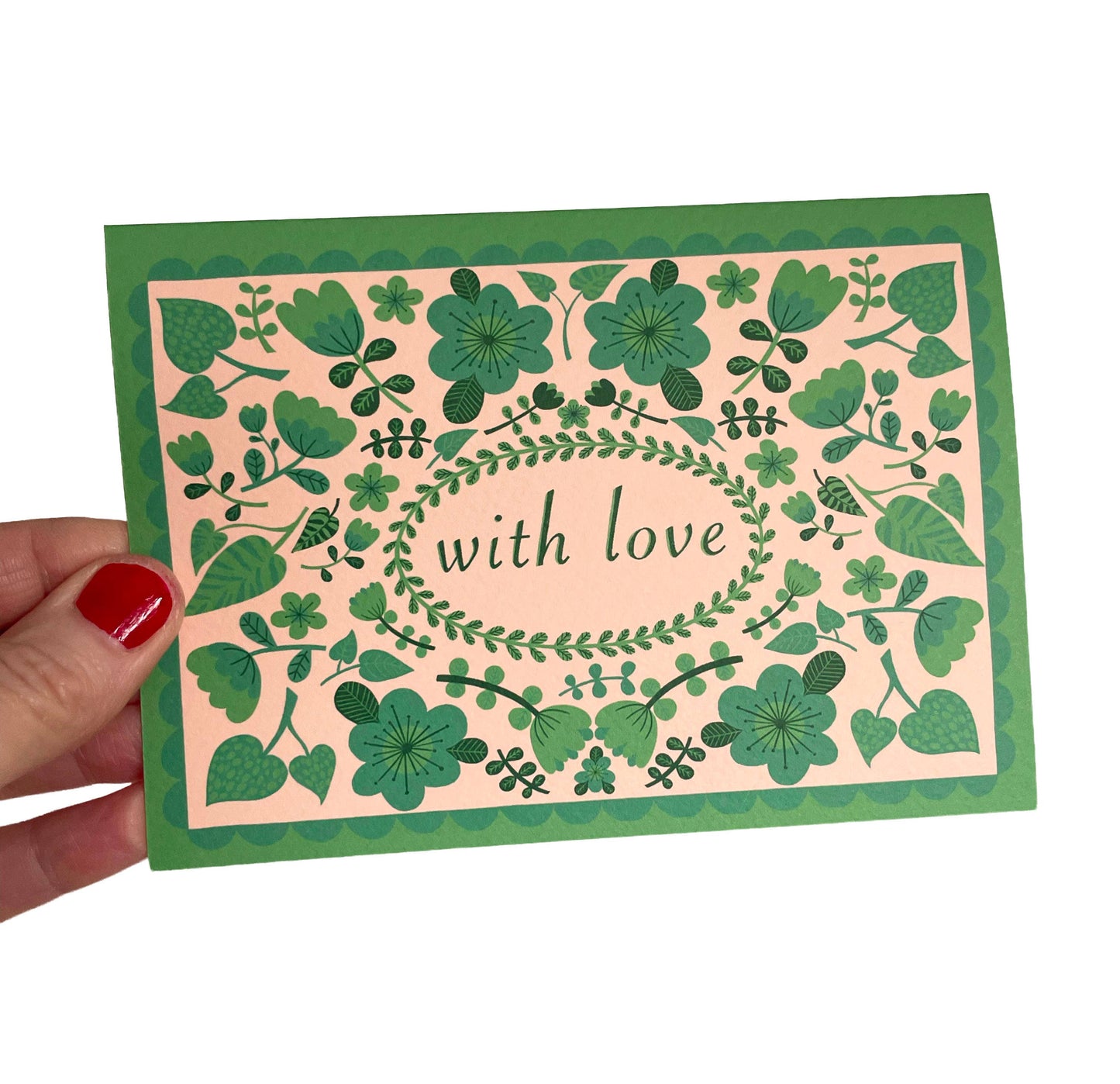Close up of textured sustainably sourced A6 folk floral card