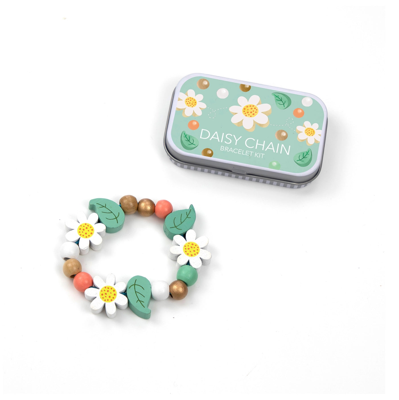 Daisy Bracelet Gigt Kit. A beautiful gift tin containing elastic & beads to create a beautiful wooden daisy chain bracelet. The elastic comes with metal ends to help children add beads with ease. No plastic