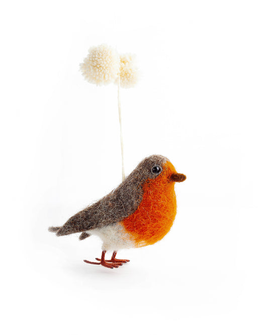 Handmade Robin Christmas decoration with detailed needle felting, beady glass eyes, and pom pom hanger, perfect for eco-friendly holiday decorating.