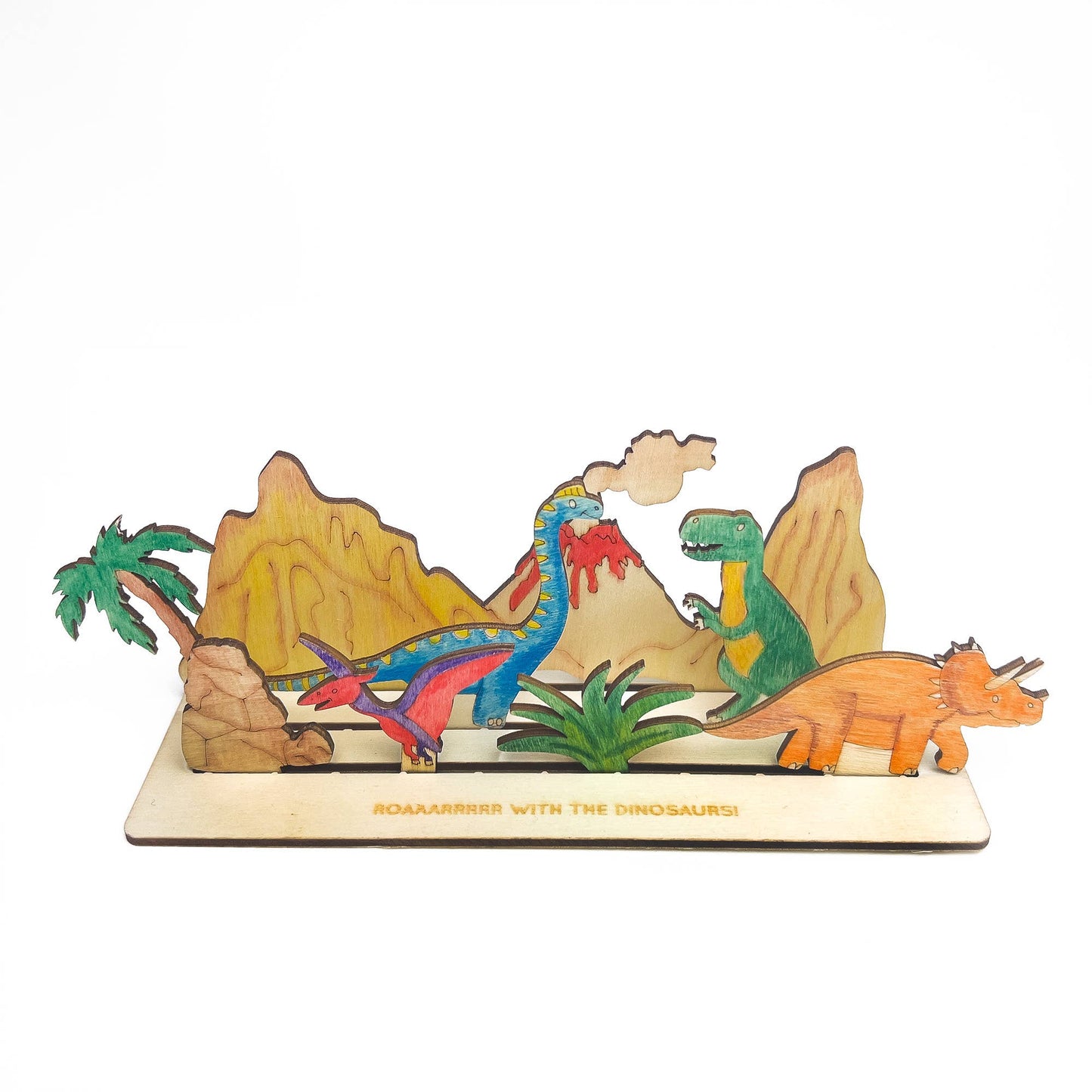 This craft kit is perfect for those who love to be creative, those who love dinosaurs (who doesn't!). Inside, discover a collection of wooden pieces, each intricately designed to spark creativity, including the mighty T-Rex, a triceratops, pterodactyl and a brachiosaurus. With wooden parts of all your favourite dinosaurs, plus scenery, the watercolour pencils & paintbrush included allow for detailed ; precise painting with the ability to mix colours. Once painted, simply add the wooden parts
