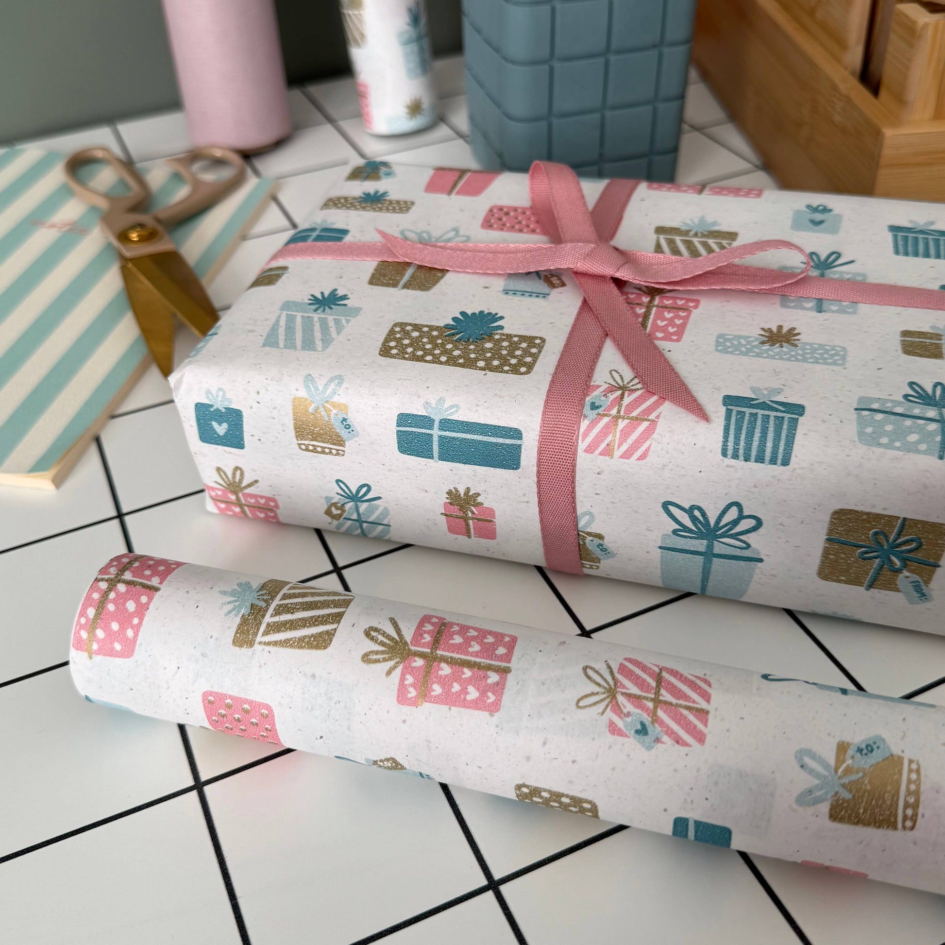 Pink biodegradable Tencel ribbon, 9mm wide, 5m reel, eco-friendly gift wrap, cardboard core, certified compostable and sustainably sourced.