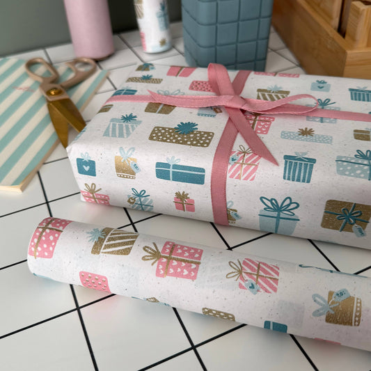 Pink biodegradable Tencel ribbon, 9mm wide, 5m reel, eco-friendly gift wrap, cardboard core, certified compostable and sustainably sourced.