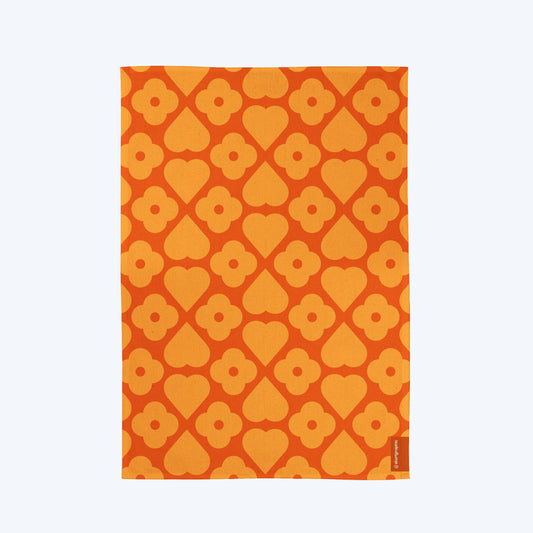 Close-up of Storigraphic Summer Flowers & Hearts pattern on cotton tea towel