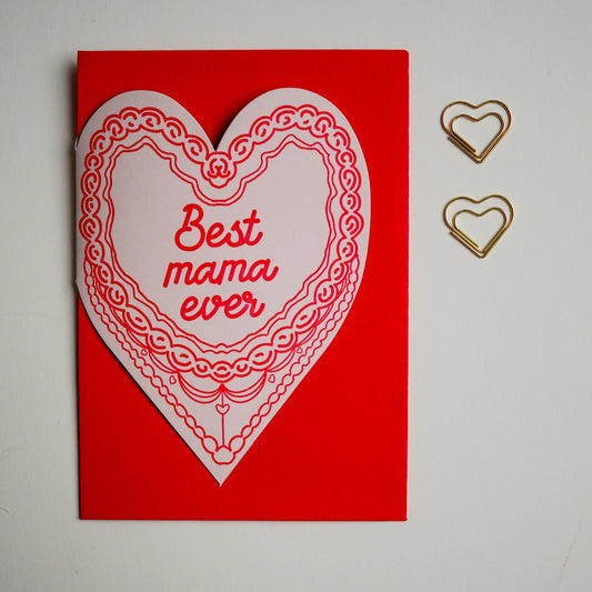 Close-up of 'Best Mama Ever' letterpress greeting card showing retro cake design detail