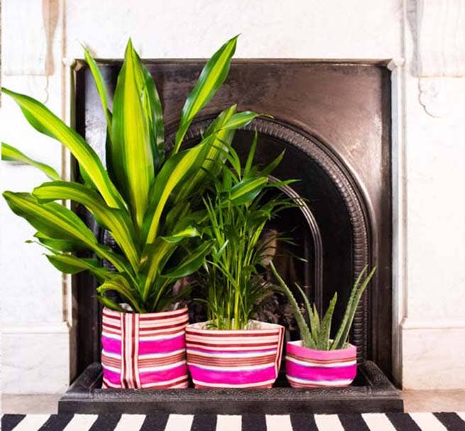 Eco woven pot cover used for storage, striped design, sustainable home accessory.