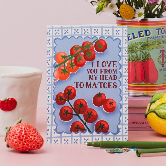 Punny tomato greeting card with Italian tile background