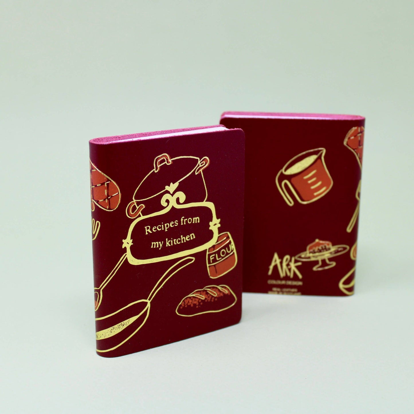 Midi leather journal with gold foil illustration, handmade in Scotland using ethical leather by Ark Colour Design. Red leather gold embossed Recipes from my kitchen.