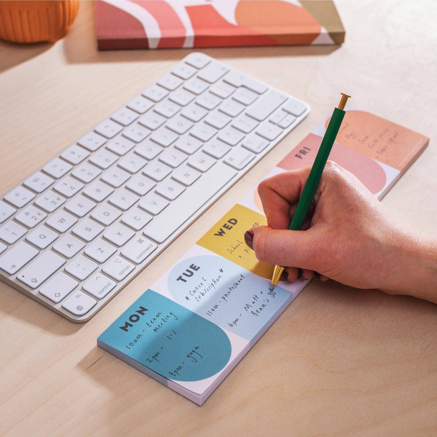 A simple keyboard weekly planner pad in contrasting colours to help with organisation - a perfect addition for the WFH desk, office or dorm room. The planner runs from Monday to Sunday and features daily boxes for important tasks and notes.
The compact size is designed to sit above a keyboard neatly. Makes for a lovely, practical stationery gift for anyone working from home, students or busy parents.