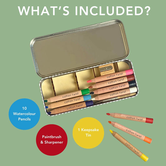 Jumbo Watercolour Pencils Set in tin with paintbrush & sharpener, eco-friendly.