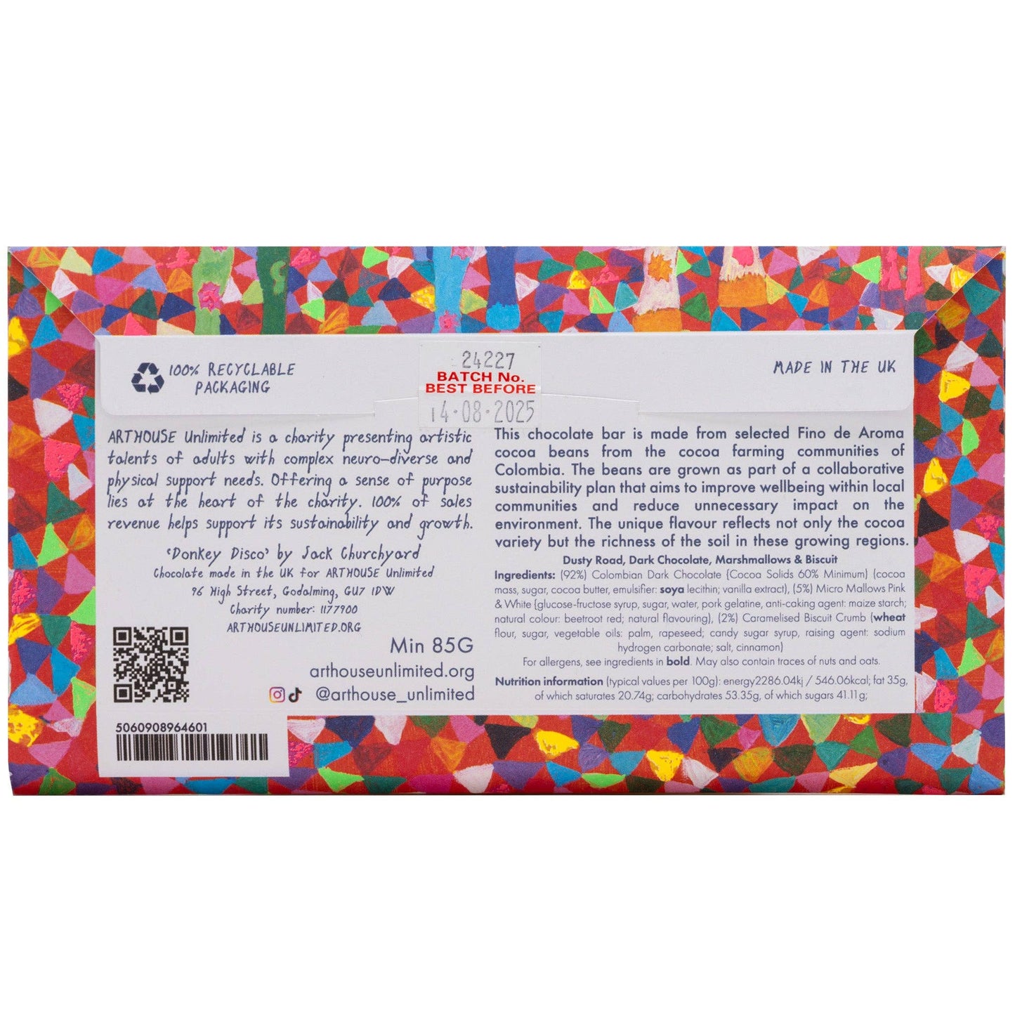 Dusty Road silky dark chocolate bar with marshmallows and biscuit, wrapped in colourful foil featuring Jack Churchyard artwork in a gold frame.