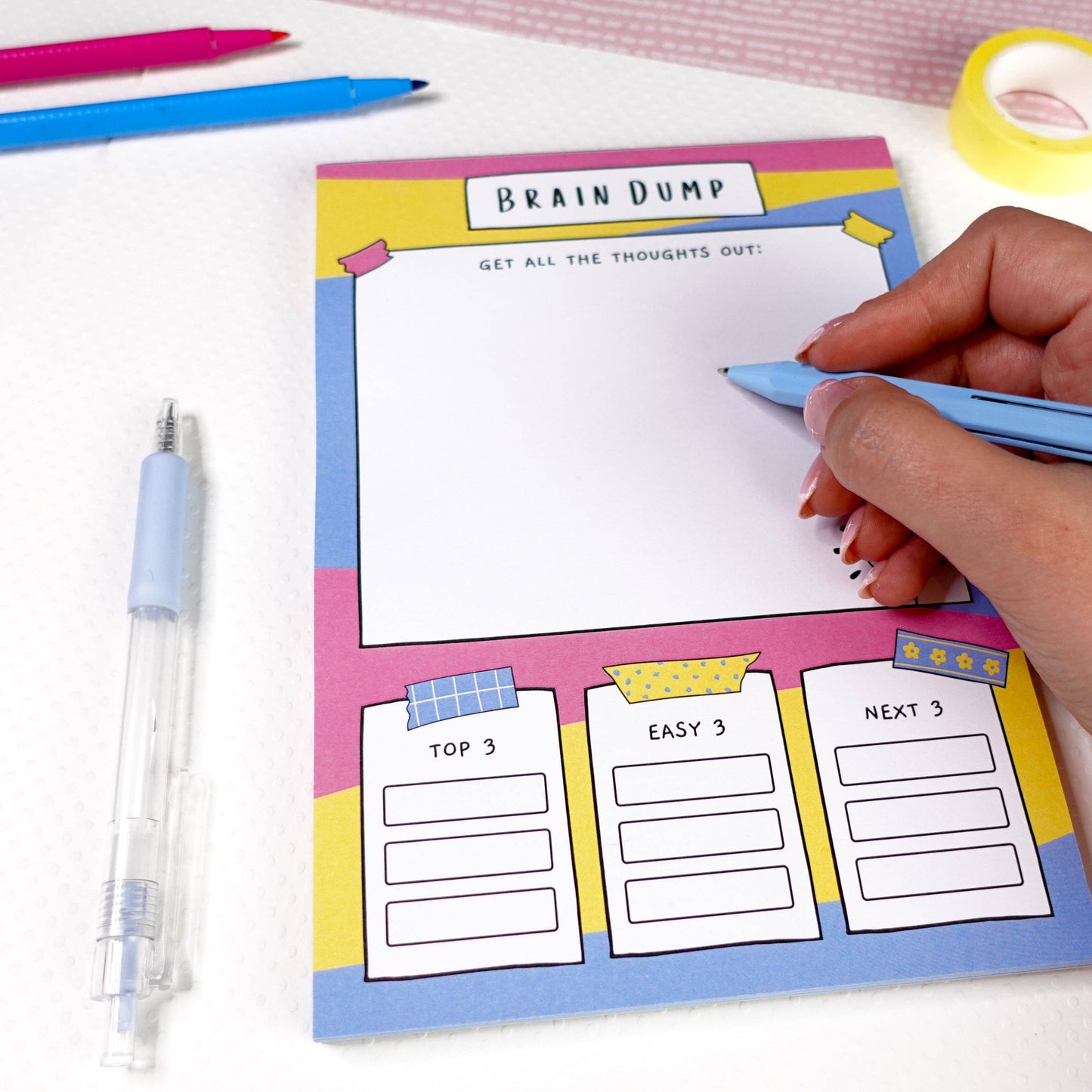 A5 Brain Dump Notepad by Sunshine Lane—lined pages with ‘Top 3’, ‘Easy 3’, ‘Next 3’ tasks section, 120gsm paper.